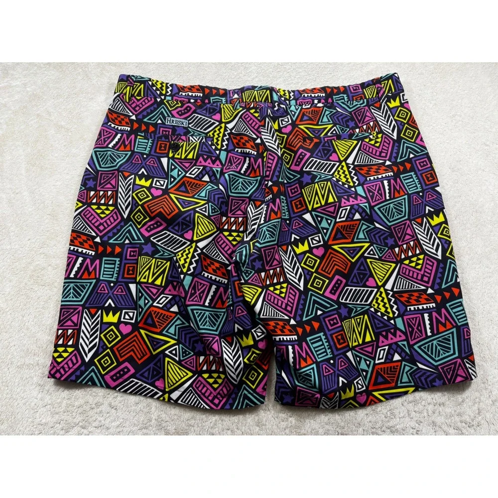 Hreski Mens Geometric Print Colorful Golf Flat Front Shorts 44 Meas: 43x8.5‎